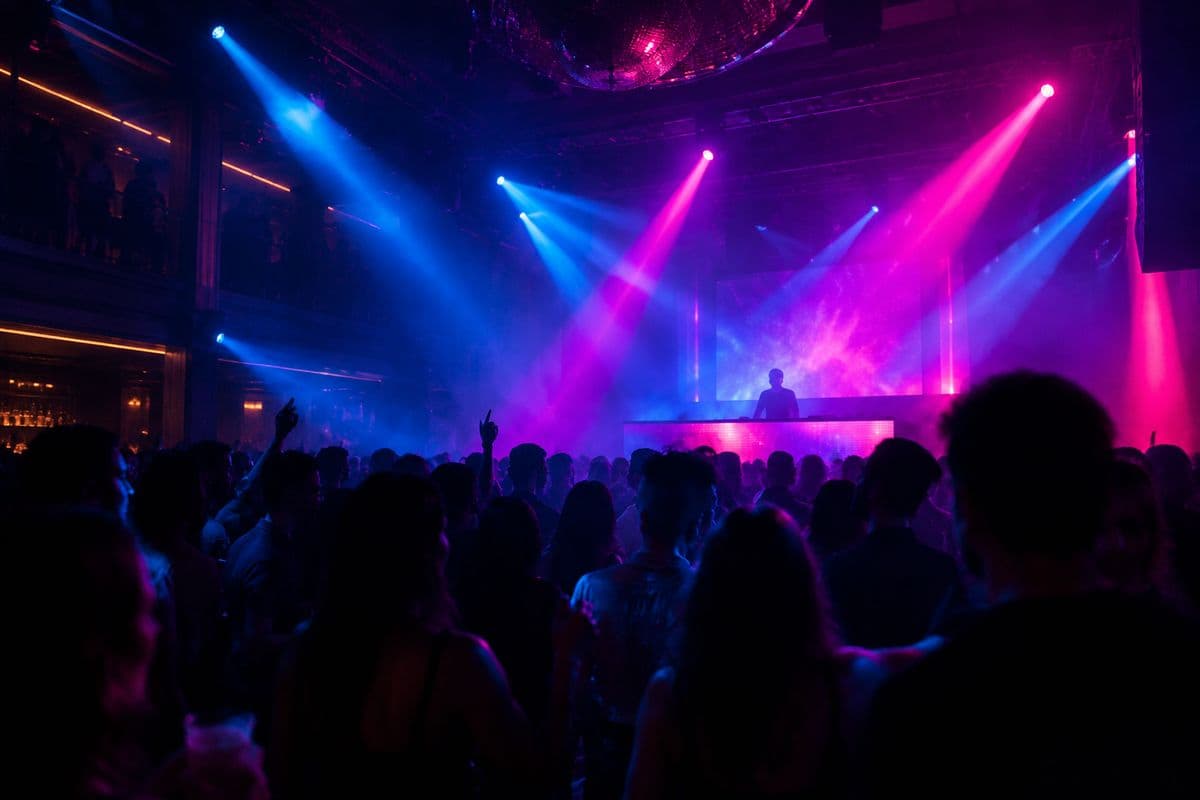 A nightclub dance floor under blue and magenta lighting