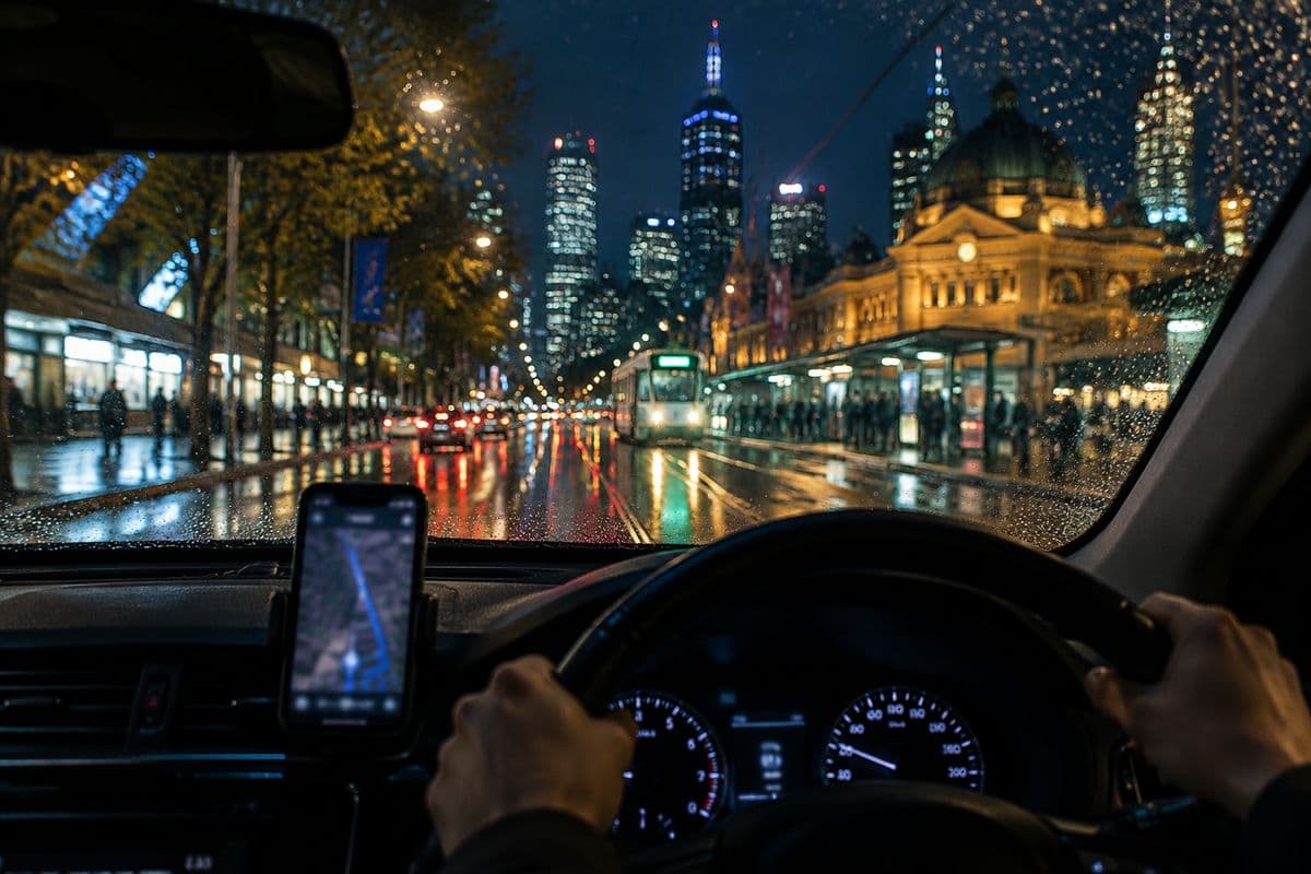 A rideshare driver's view of Melbourne's city centre at night