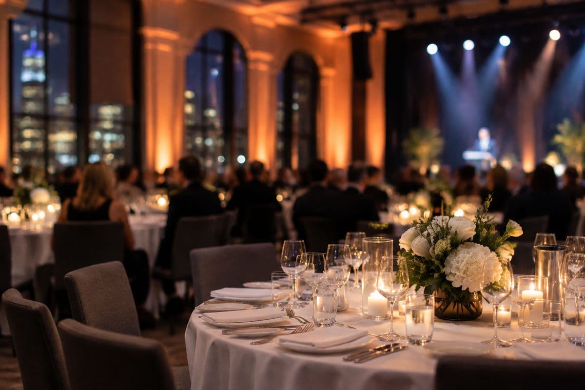 Round tables set for a corporate function in an elegant venue