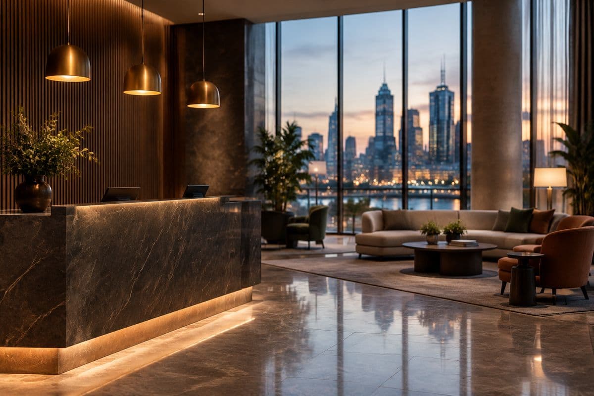 A hotel lobby at dusk with the Melbourne skyline through the windows
