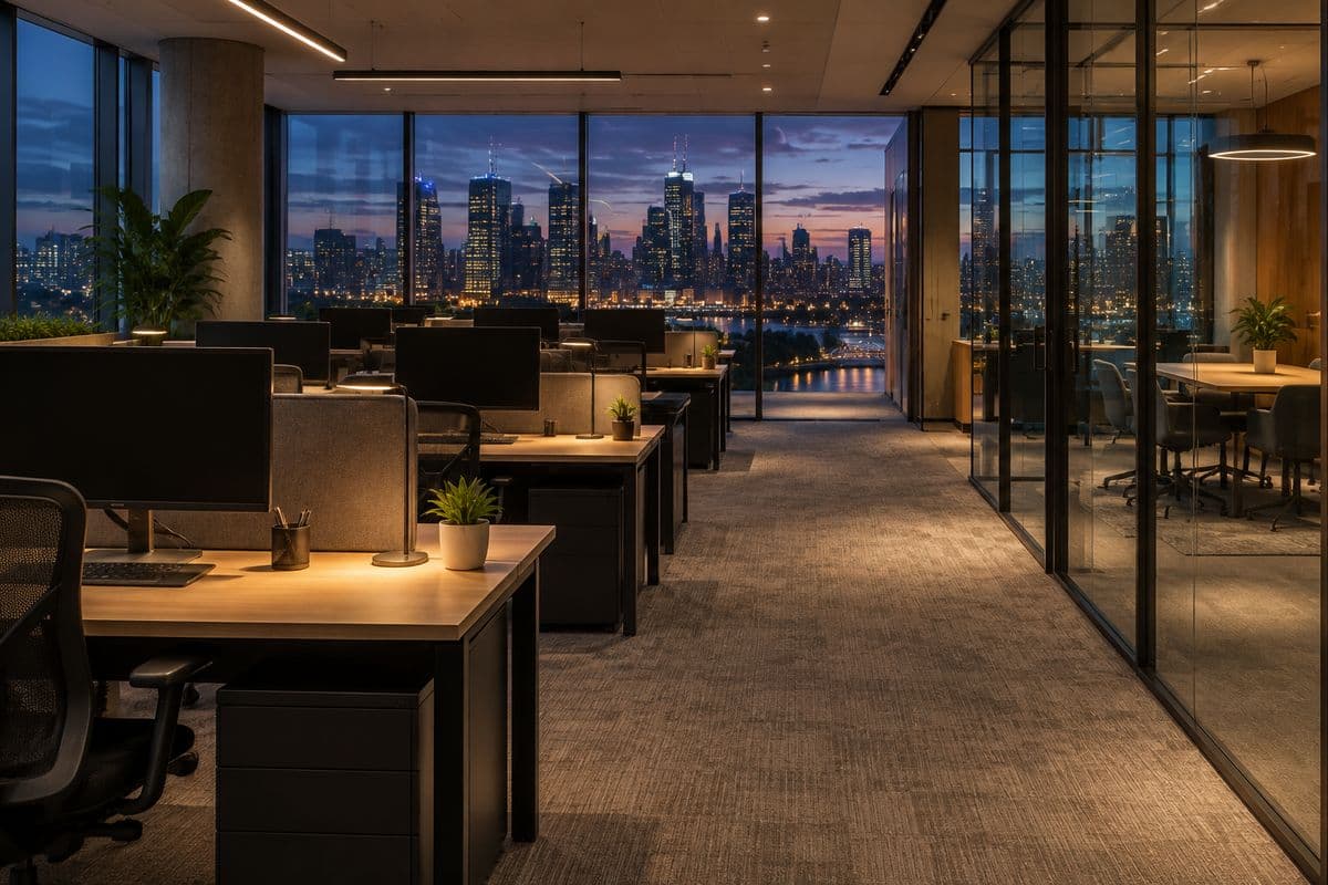 An open-plan office at dusk with city lights through the windows