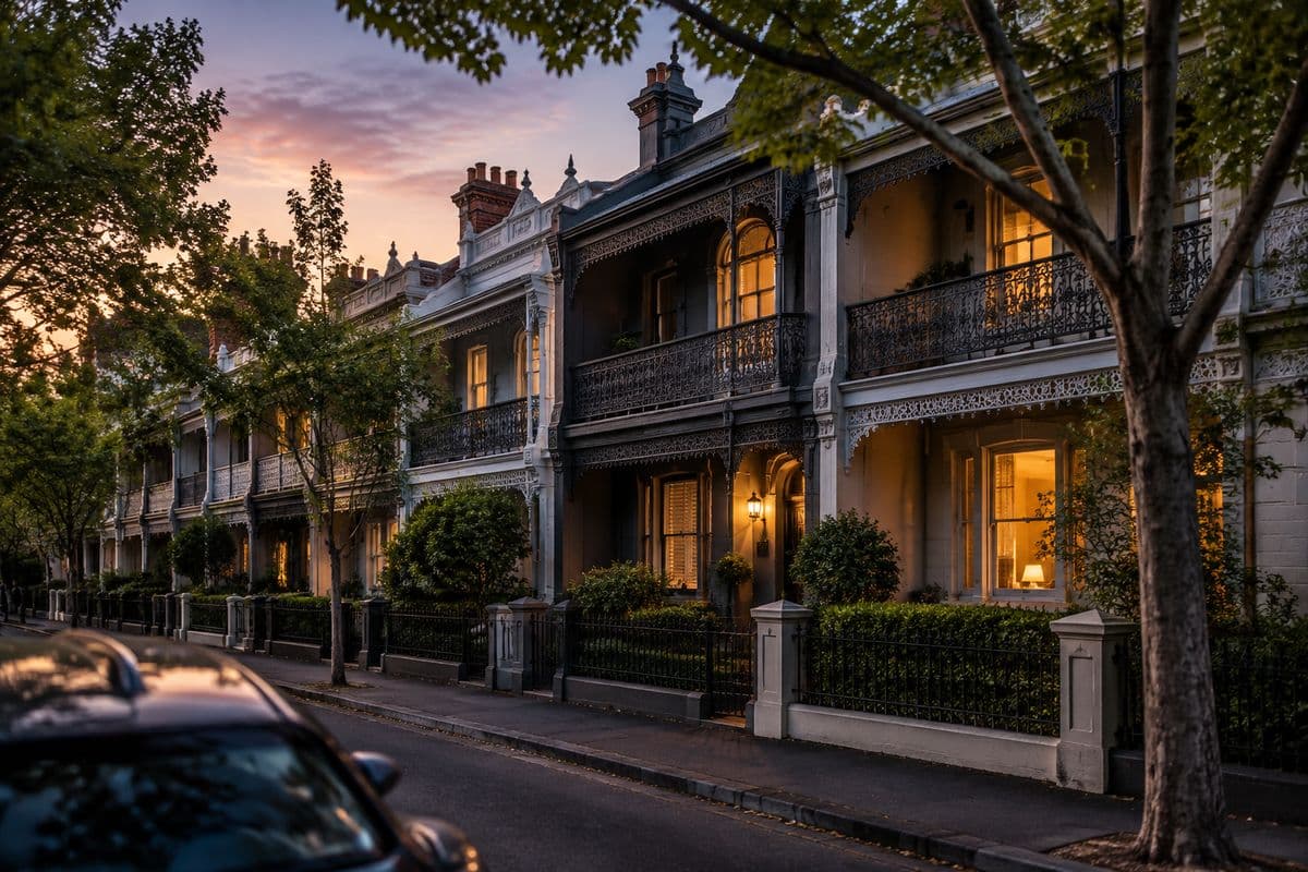Victorian terrace houses on a leafy Melbourne street at twilight