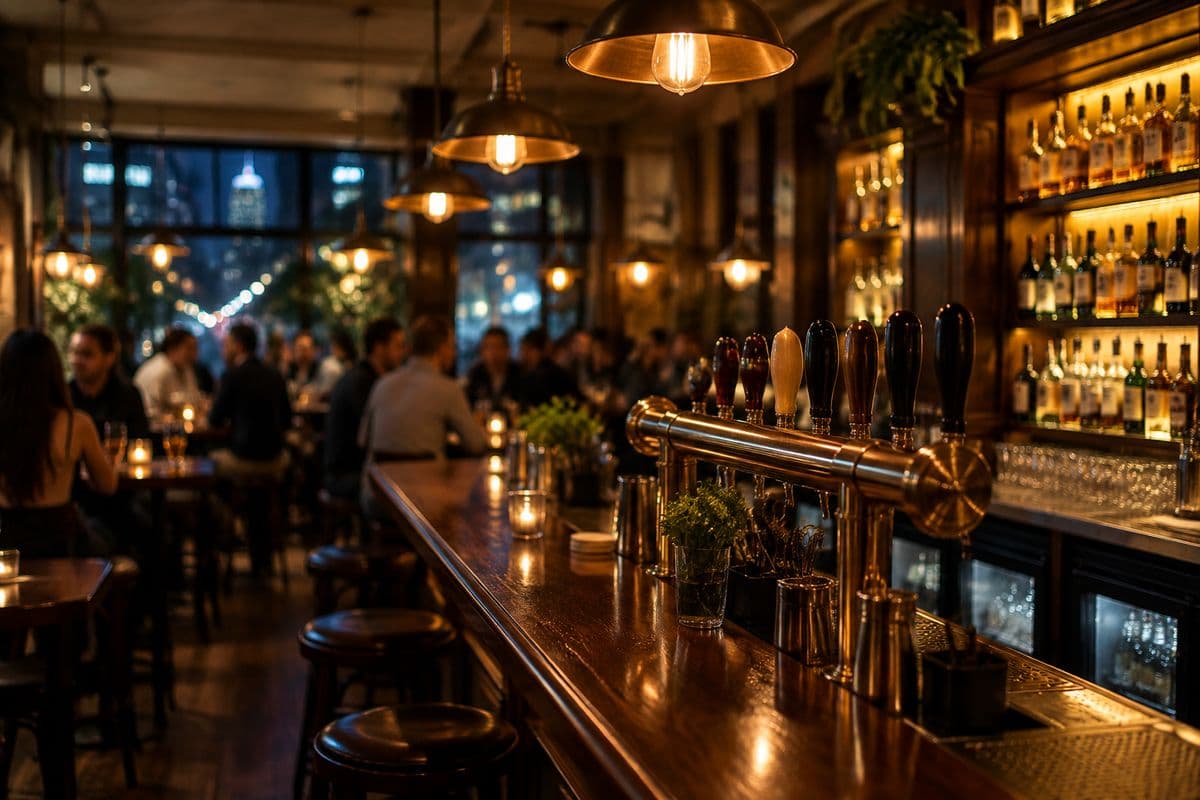 The bar of a busy Melbourne pub at night