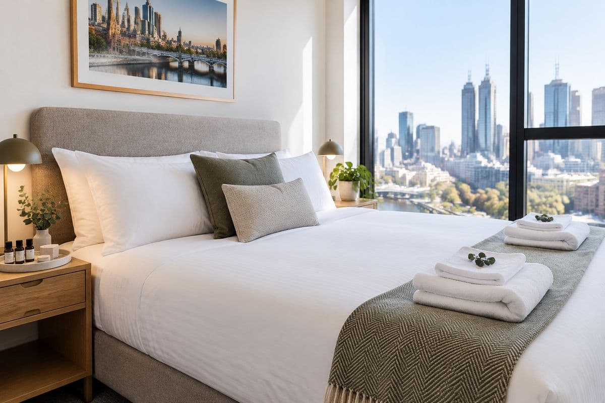 A freshly made bed in a short-stay apartment overlooking the city